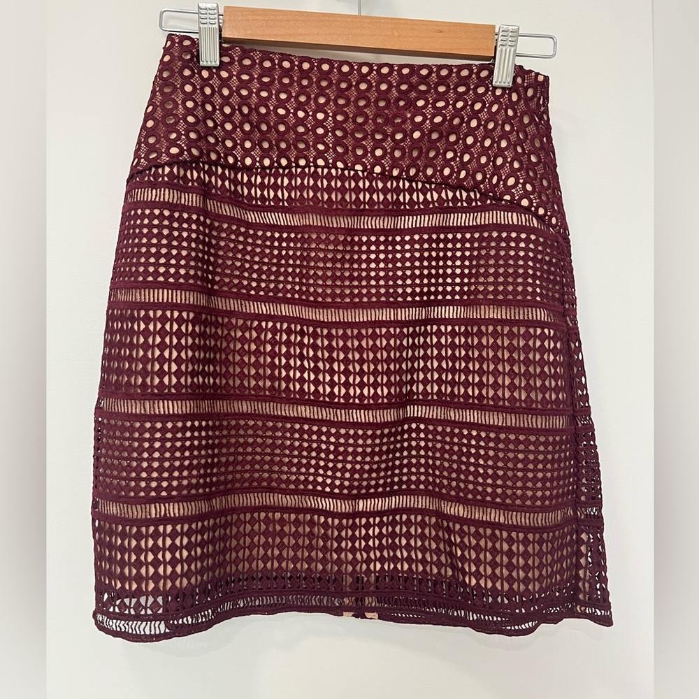 Keepsake Burgundy Nude Pencil Mini Skirt BNWT
